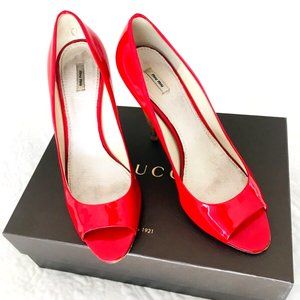 SALE! Genuine MIU MIU Red Patent Leather Wooden High Heels Open Toe 8.5 Italy 39